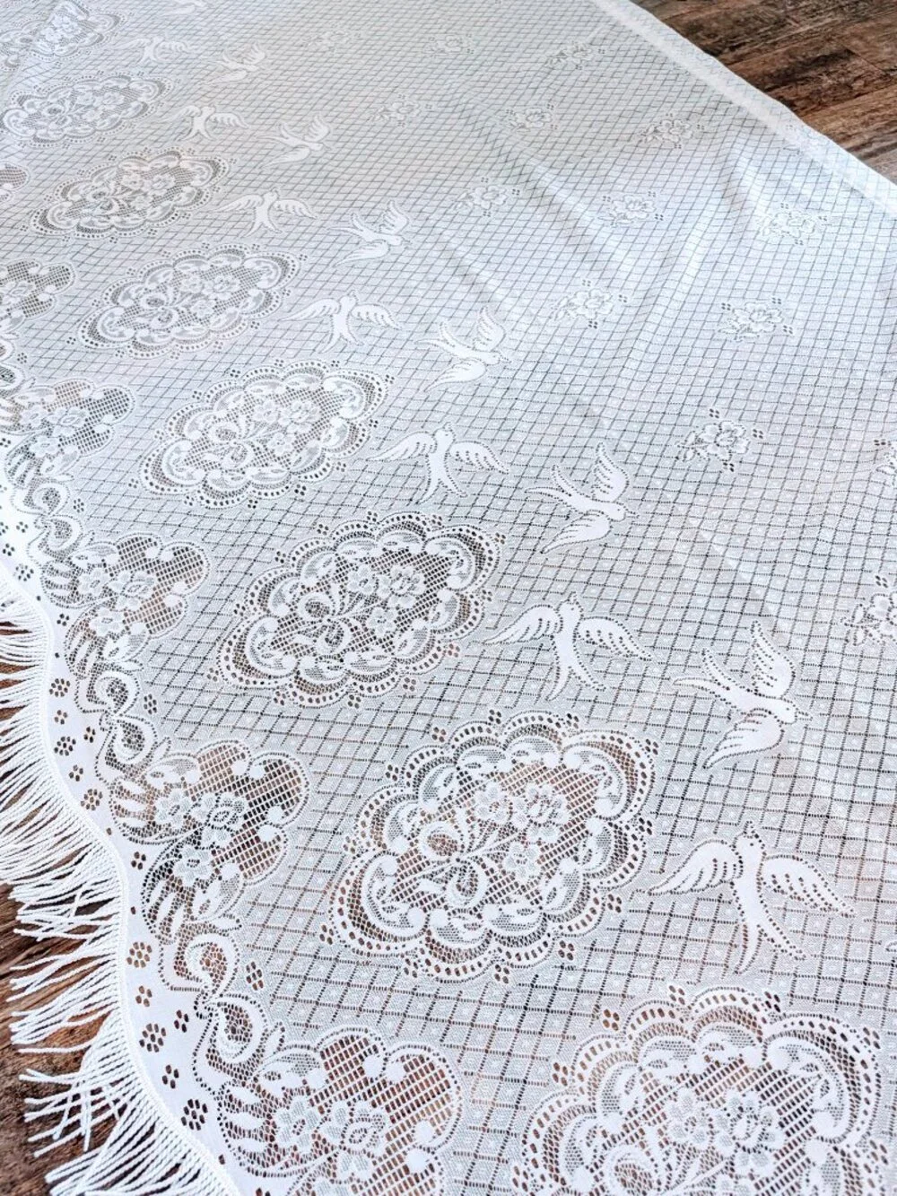 VTG Filet Crochet Lace Curtain Panel Valance White Dove Floral Fringe 176x46 BIG